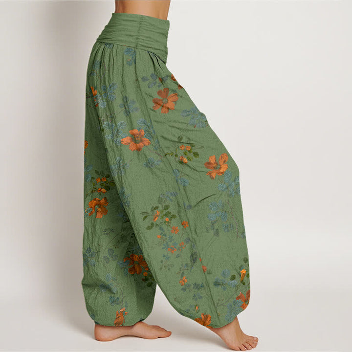 Buddha Stones Pantaloni harem da donna in cotone arancione con fantasia floreale e foglie, vita elasticizzata. - image 10