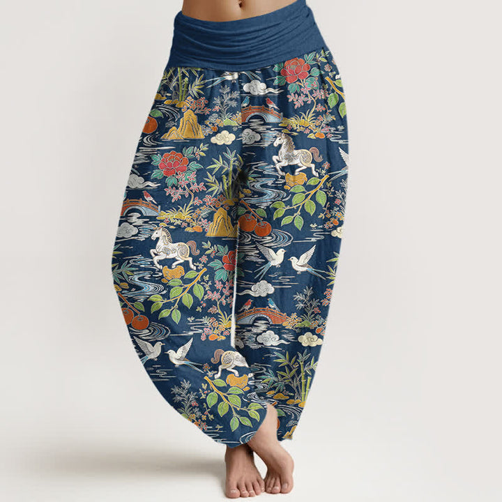 Buddha Stones Pantaloni harem da donna in cotone con elastico in vita, fantasia floreale e paesaggio con cavalli e uccelli. - Marina - US16, UK/AU20, EU48 (3XL) - image 0