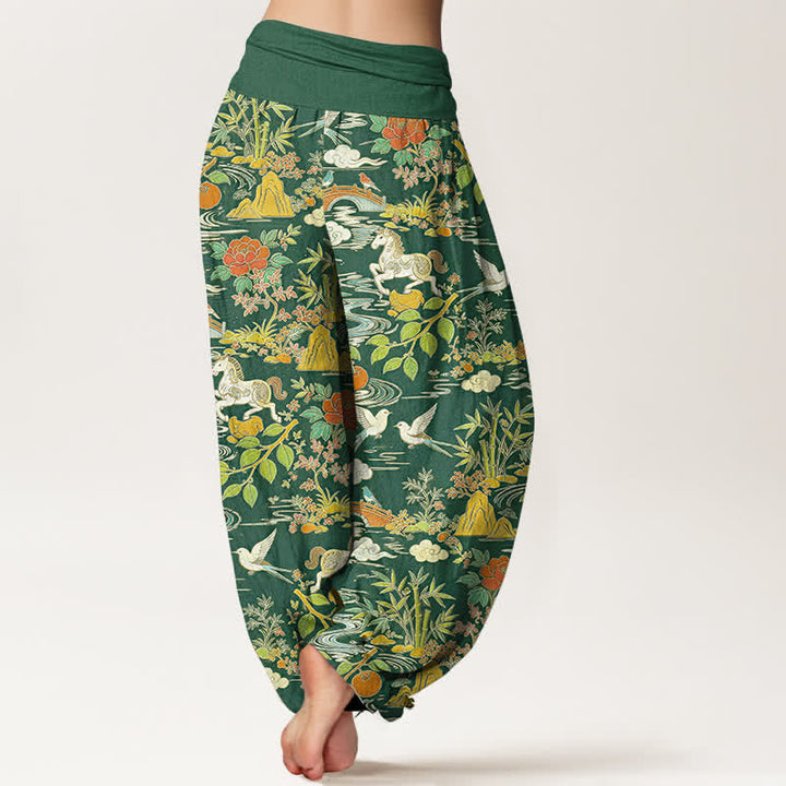 Buddha Stones Pantaloni harem da donna in cotone con elastico in vita, fantasia floreale e paesaggio con cavalli e uccelli. - image 6