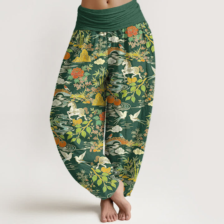 Buddha Stones Pantaloni harem da donna in cotone con elastico in vita, fantasia floreale e paesaggio con cavalli e uccelli. - Verde studentesco - US16, UK/AU20, EU48 (3XL) - image 5