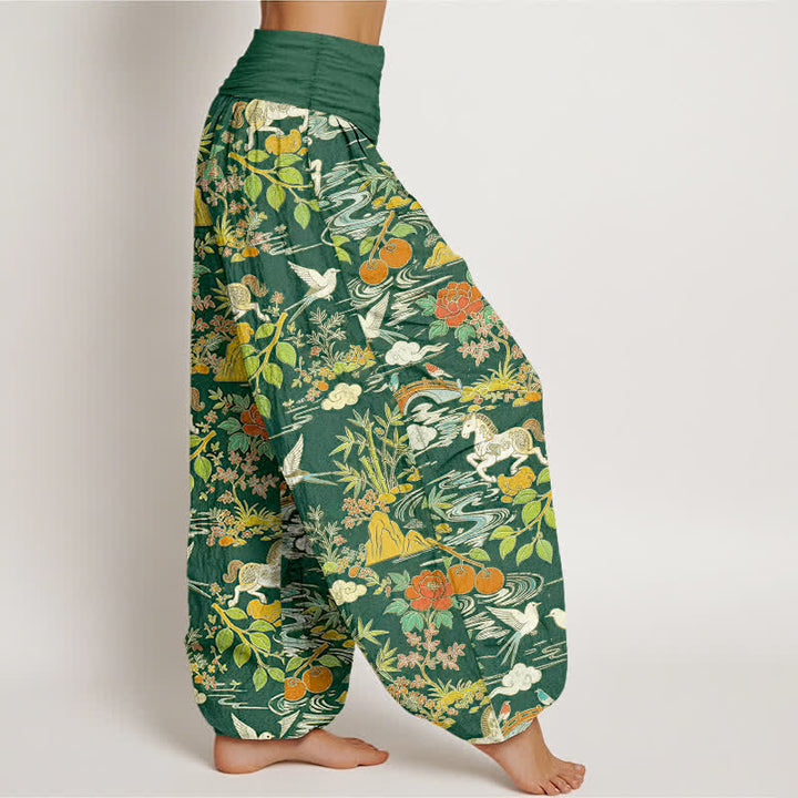 Buddha Stones Pantaloni harem da donna in cotone con elastico in vita, fantasia floreale e paesaggio con cavalli e uccelli. - image 7