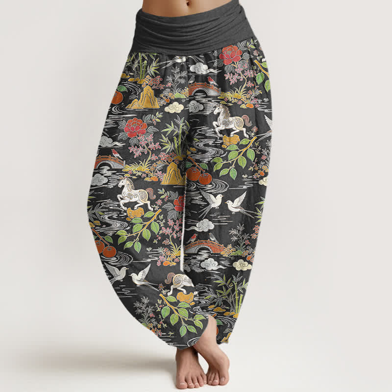 Buddha Stones Pantaloni harem da donna in cotone con elastico in vita, fantasia floreale e paesaggio con cavalli e uccelli. - Grigio tenue - US16, UK/AU20, EU48 (3XL) - image 8