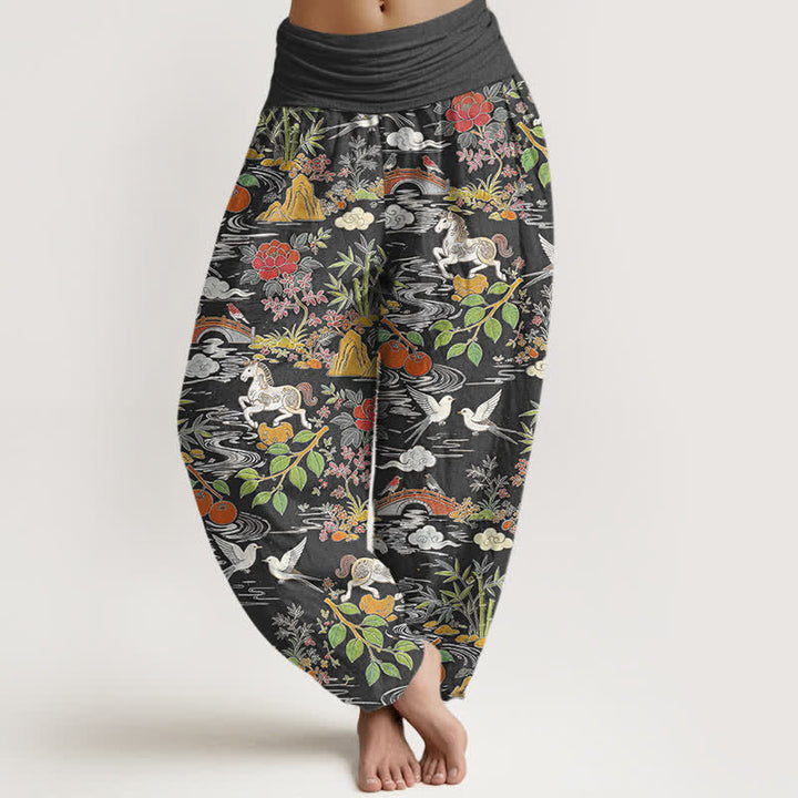 Buddha Stones Pantaloni harem da donna in cotone con elastico in vita, fantasia floreale e paesaggio con cavalli e uccelli. - Grigio tenue - US16, UK/AU20, EU48 (3XL) - image 8