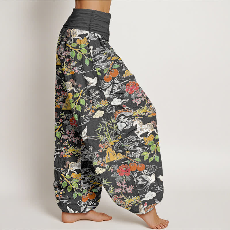 Buddha Stones Pantaloni harem da donna in cotone con elastico in vita, fantasia floreale e paesaggio con cavalli e uccelli. - image 10