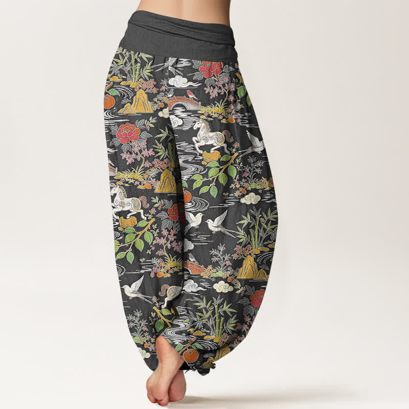 Buddha Stones Pantaloni harem da donna in cotone con elastico in vita, fantasia floreale e paesaggio con cavalli e uccelli. - image 9