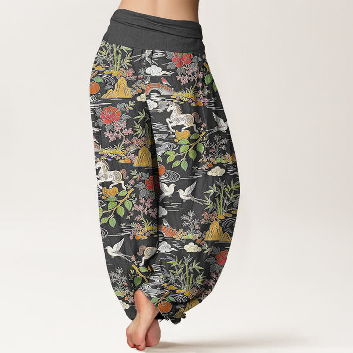 Buddha Stones Pantaloni harem da donna in cotone con elastico in vita, fantasia floreale e paesaggio con cavalli e uccelli. - image 9