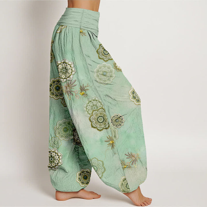 Buddha Stones Pantaloni harem da donna in puro cotone con motivo floreale mandala e foglie, elastico in vita. - image 2