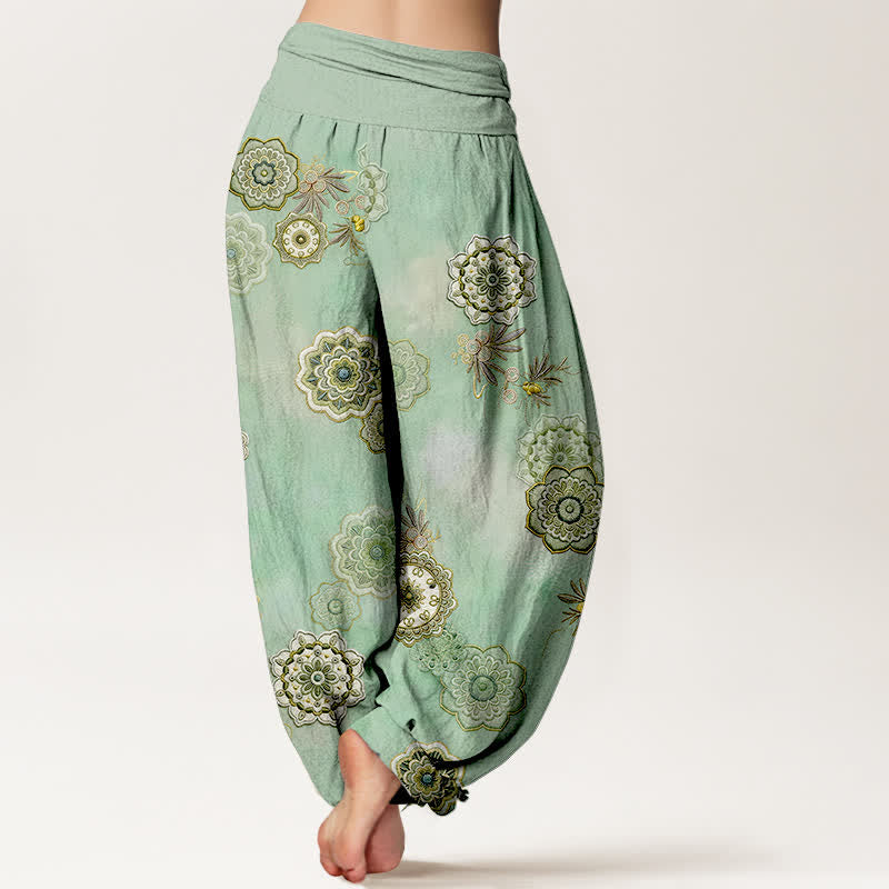 Buddha Stones Pantaloni harem da donna in puro cotone con motivo floreale mandala e foglie, elastico in vita. - image 1