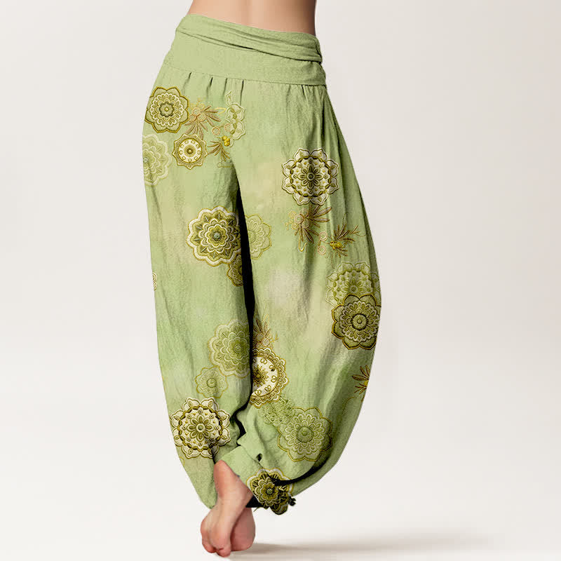 Buddha Stones Pantaloni harem da donna in puro cotone con motivo floreale mandala e foglie, elastico in vita. - image 6