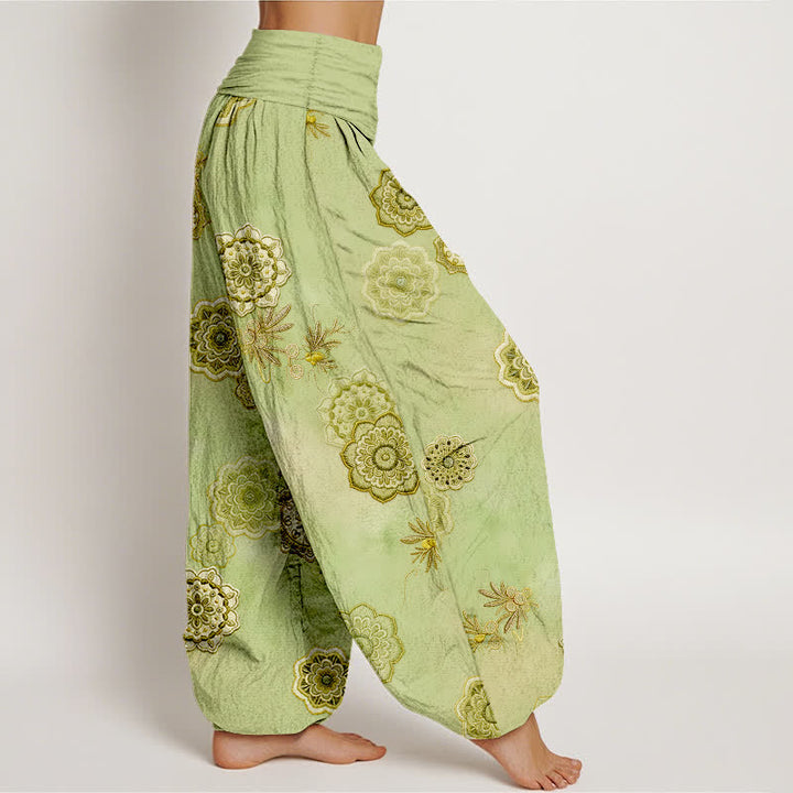 Buddha Stones Pantaloni harem da donna in puro cotone con motivo floreale mandala e foglie, elastico in vita. - image 7