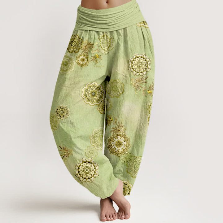 Buddha Stones Pantaloni harem da donna in puro cotone con motivo floreale mandala e foglie, elastico in vita. - Verde Giallo - US16, UK/AU20, EU48 (3XL) - image 5