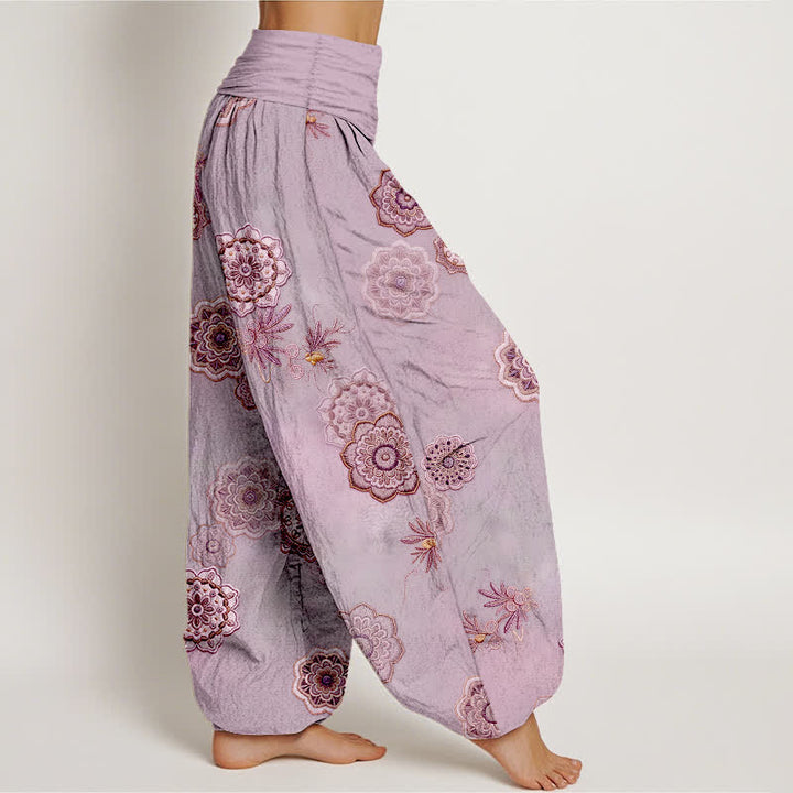 Buddha Stones Pantaloni harem da donna in puro cotone con motivo floreale mandala e foglie, elastico in vita. - image 10