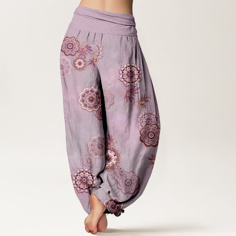 Buddha Stones Pantaloni harem da donna in puro cotone con motivo floreale mandala e foglie, elastico in vita. - image 9
