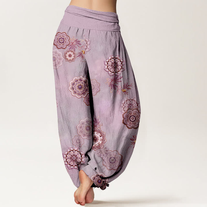 Buddha Stones Pantaloni harem da donna in puro cotone con motivo floreale mandala e foglie, elastico in vita. - image 9