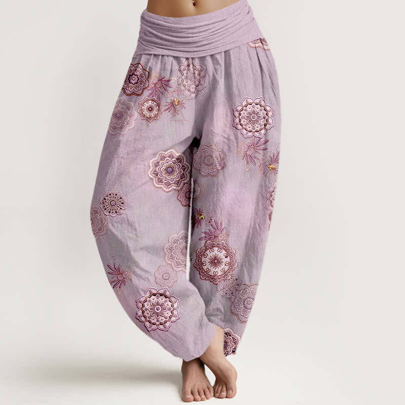 Buddha Stones Pantaloni harem da donna in puro cotone con motivo floreale mandala e foglie, elastico in vita. - Lavanda - US16, UK/AU20, EU48 (3XL) - image 8
