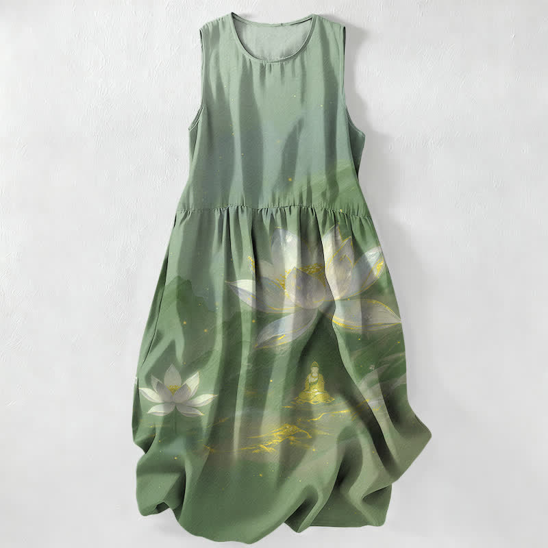 Buddha Stones Abito midi estivo casual da donna con motivo a loto e Buddha dorato, senza maniche e tasche. - Verde Mare Scuro - US16, UK/AU20, EU48 (3XL) - image 5