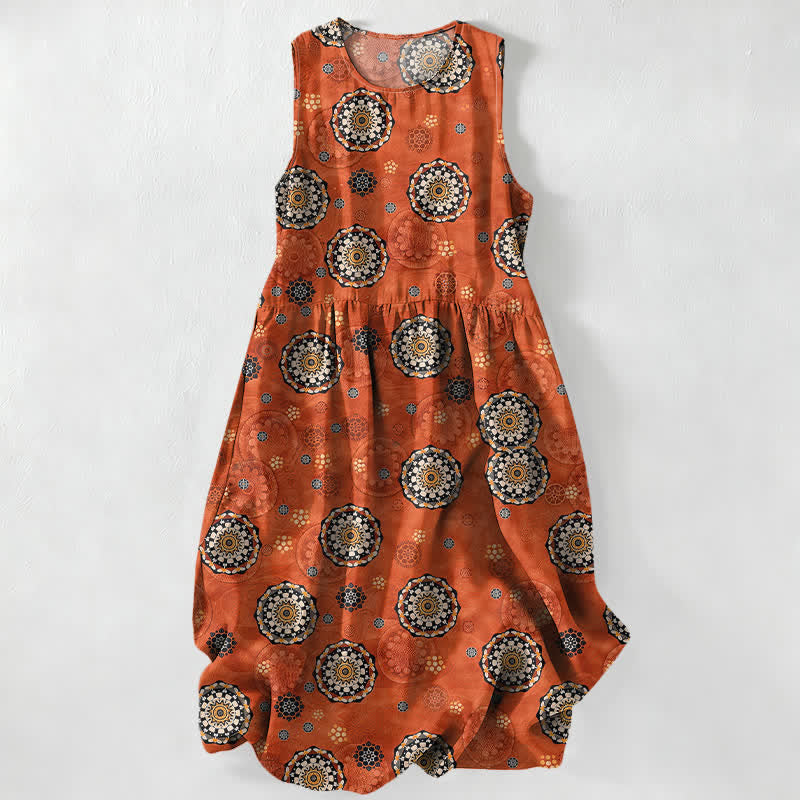 Buddha Stones Abito midi estivo da donna senza maniche con motivo mandala e medaglione, stile boho casual, con tasche. - Arancione scuro - US16, UK/AU20, EU48 (3XL) - image 0
