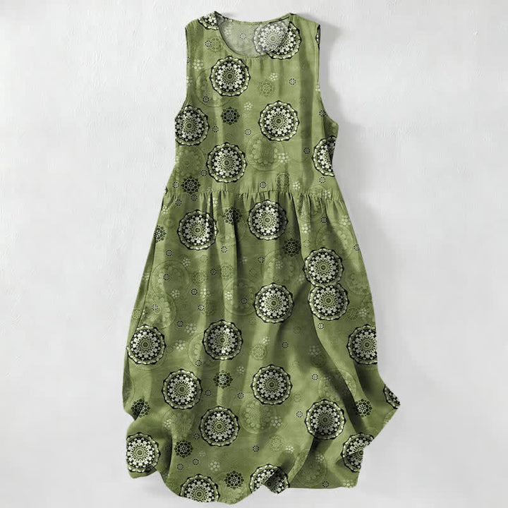 Buddha Stones Abito midi estivo da donna senza maniche con motivo mandala e medaglione, stile boho casual, con tasche. - Verde oliva - US16, UK/AU20, EU48 (3XL) - image 4