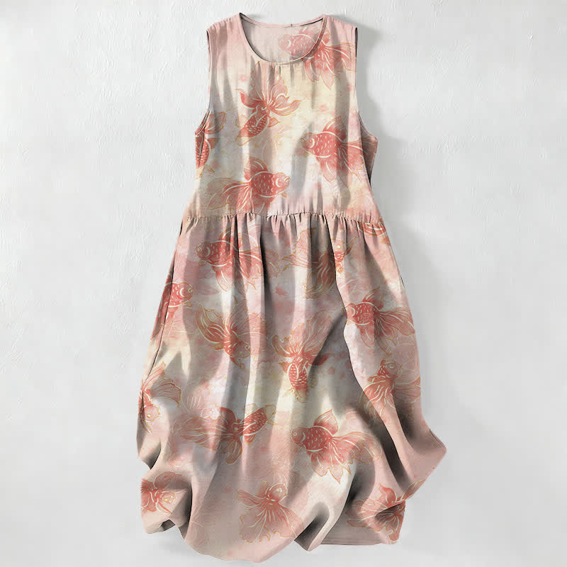 Buddha Stones Abito midi estivo casual da donna con motivo pesci rossi e koi, senza maniche e con tasche. - Rosa Nebbiosa - US16, UK/AU20, EU48 (3XL) - image 0