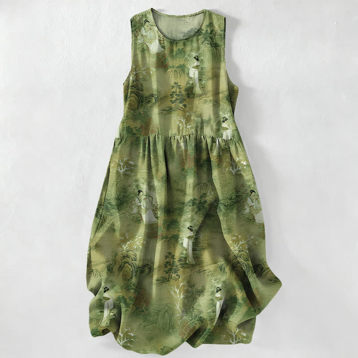 Buddha Stones Abito midi estivo casual da donna con motivo paesaggistico orientale e tasche. - Verde oliva - US16, UK/AU20, EU48 (3XL) - image 5