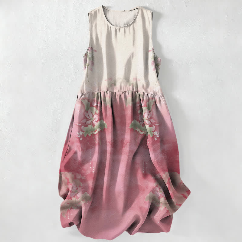 Buddha Stones Abito midi estivo casual da donna con stampa floreale sfumata e tasche. - Rosa chiaro - US16, UK/AU20, EU48 (3XL) - image 0