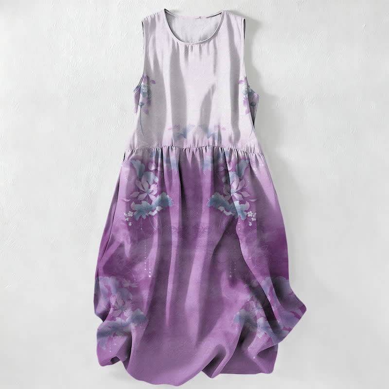 Buddha Stones Abito midi estivo casual da donna con stampa floreale sfumata e tasche. - Lavanda - US16, UK/AU20, EU48 (3XL) - image 4