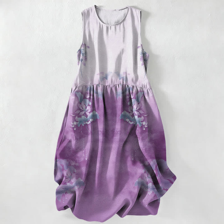 Buddha Stones Abito midi estivo casual da donna con stampa floreale sfumata e tasche. - Lavanda - US16, UK/AU20, EU48 (3XL) - image 4