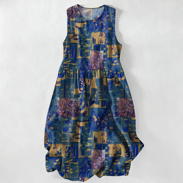 Buddha Stones Abito midi estivo casual da donna con motivo astratto patchwork geometrico e tasche. - Blu reale - US16, UK/AU20, EU48 (3XL) - image 4