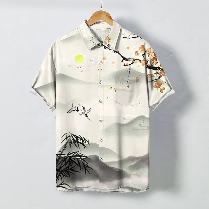 Buddha Stones Camicia da uomo a maniche corte con motivo paesaggio, gru, bambù e fiori di prugno, bottoni, resistente alle pieghe e traspirante. - Avorio - US/UK/AU48, EU58 (4XL) - image 3