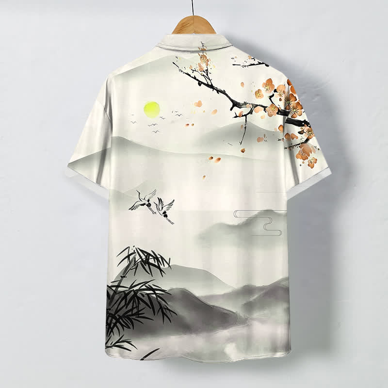 Buddha Stones Camicia da uomo a maniche corte con motivo paesaggio, gru, bambù e fiori di prugno, bottoni, resistente alle pieghe e traspirante. - image 4