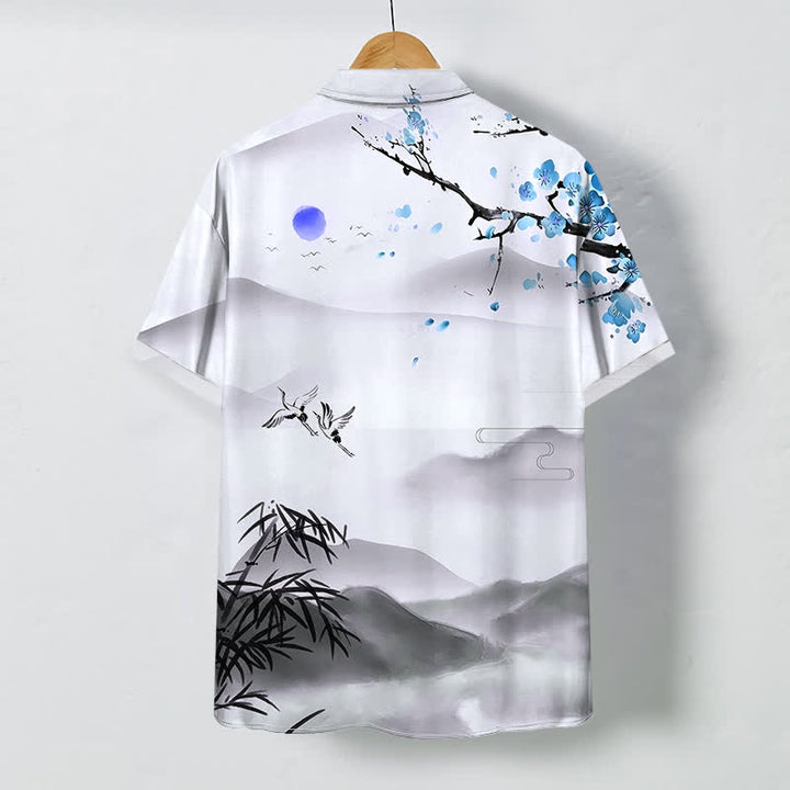 Buddha Stones Camicia da uomo a maniche corte con motivo paesaggio, gru, bambù e fiori di prugno, bottoni, resistente alle pieghe e traspirante. - image 7