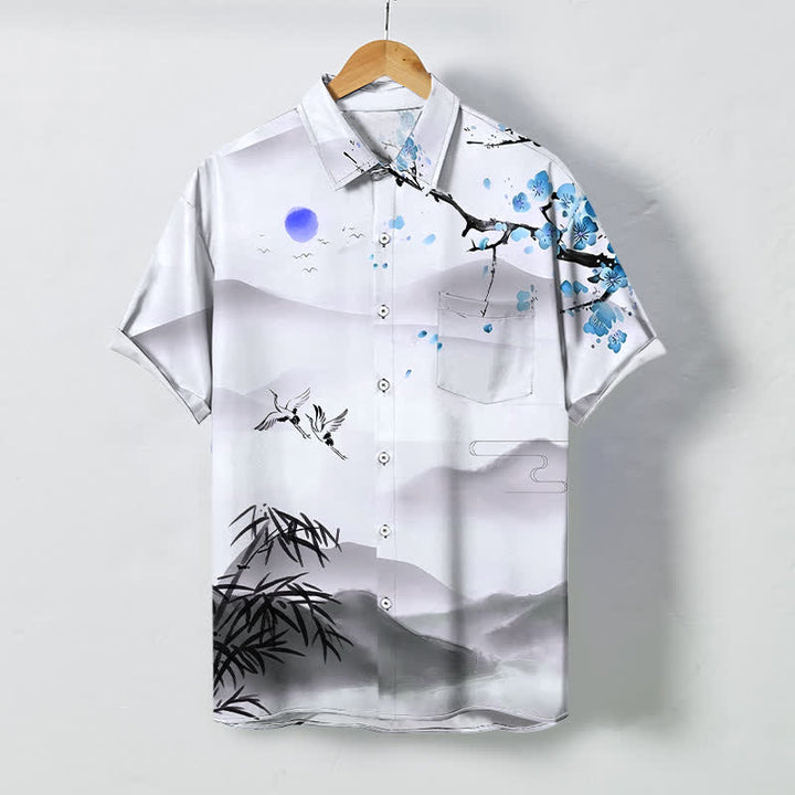 Buddha Stones Camicia da uomo a maniche corte con motivo paesaggio, gru, bambù e fiori di prugno, bottoni, resistente alle pieghe e traspirante. - AliceBlue - US/UK/AU48, EU58 (4XL) - image 6