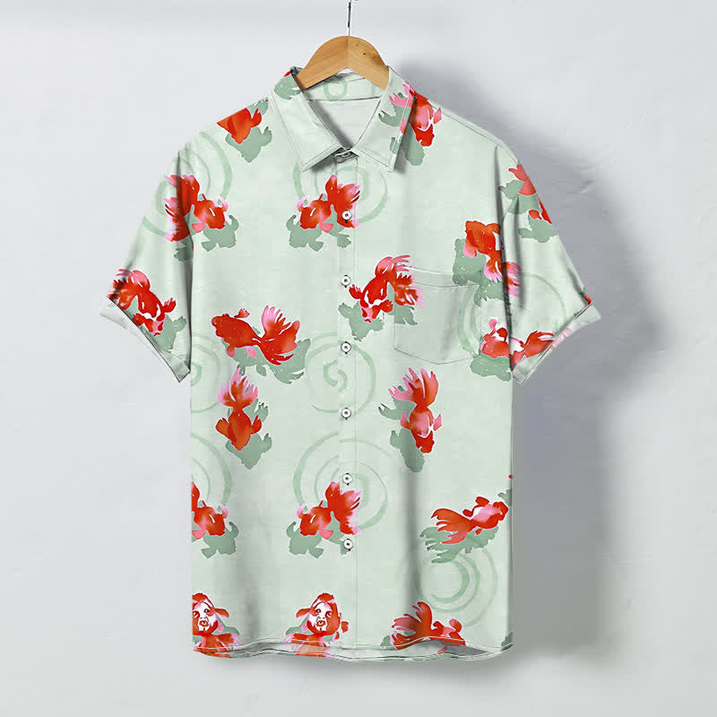 Buddha Stones Camicia da uomo a maniche corte con bottoni a fantasia di carpe koi rosse e motivo a onde, resistente alle pieghe. - Crema alla menta - US/UK/AU48, EU58 (4XL) - image 3