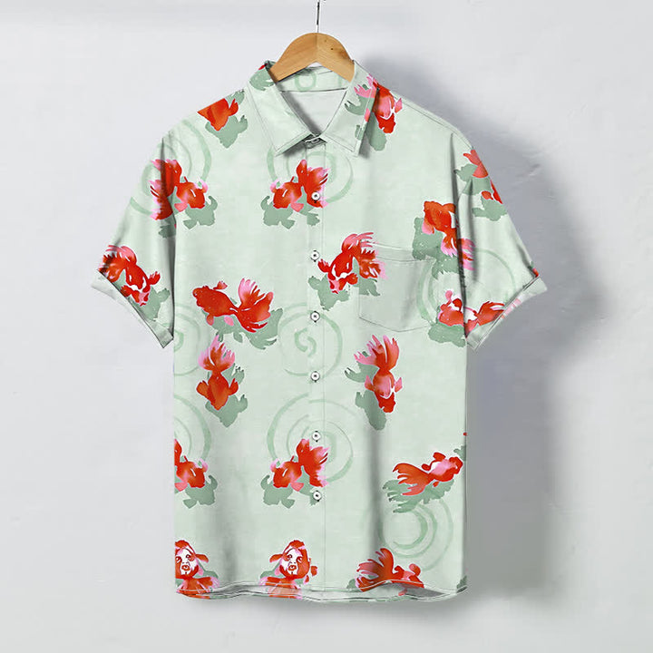 Buddha Stones Camicia da uomo a maniche corte con bottoni a fantasia di carpe koi rosse e motivo a onde, resistente alle pieghe. - Crema alla menta - US/UK/AU48, EU58 (4XL) - image 3