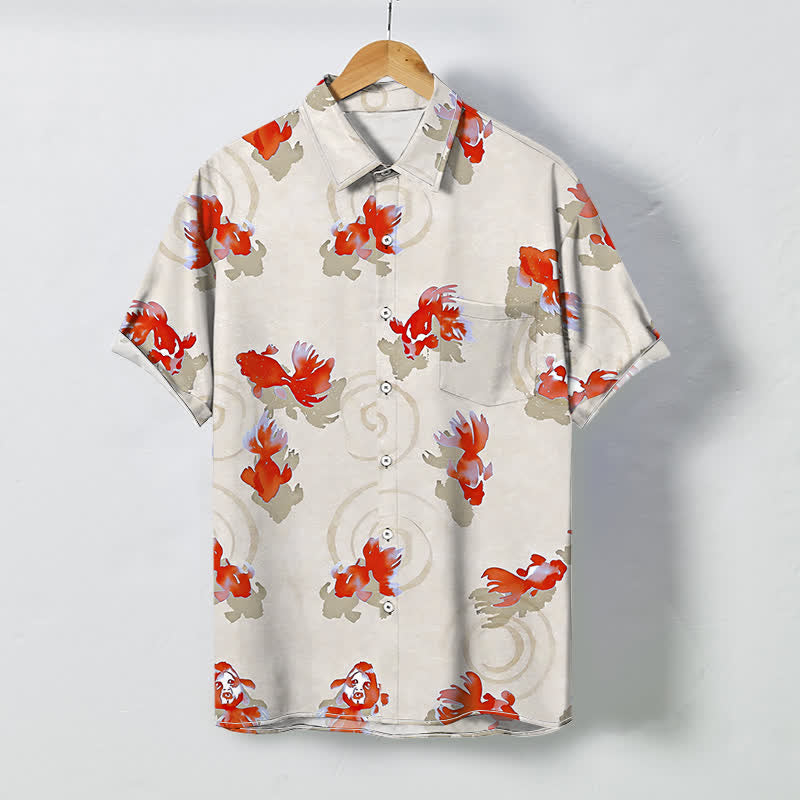 Buddha Stones Camicia da uomo a maniche corte con bottoni a fantasia di carpe koi rosse e motivo a onde, resistente alle pieghe. - Biancheria - US/UK/AU48, EU58 (4XL) - image 6