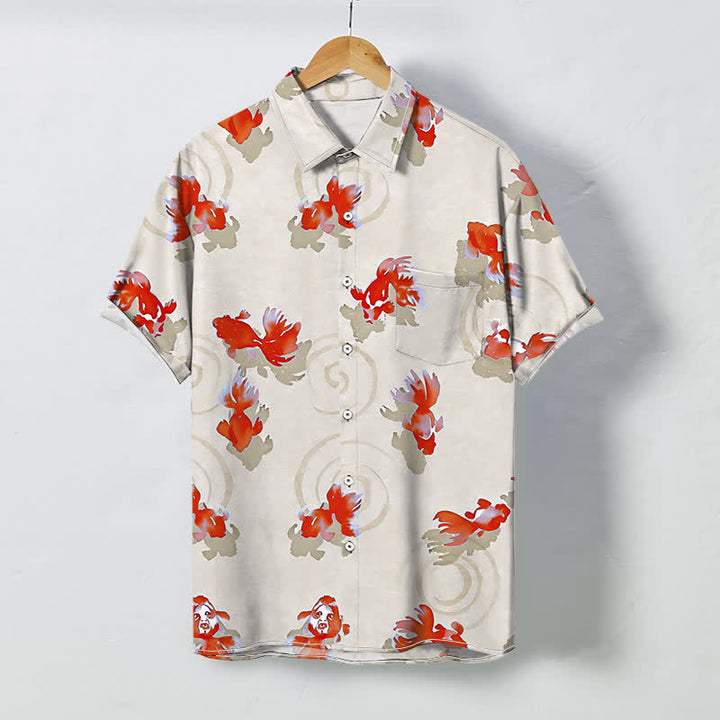 Buddha Stones Camicia da uomo a maniche corte con bottoni a fantasia di carpe koi rosse e motivo a onde, resistente alle pieghe. - Biancheria - US/UK/AU48, EU58 (4XL) - image 6