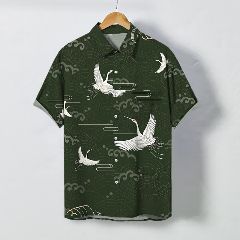 Buddha Stones Camicia da uomo a maniche corte traspirante con bottoni e motivo a onde e nuvole, con stampa gru. - Verde scuro - US/UK/AU48, EU58 (4XL) - image 5