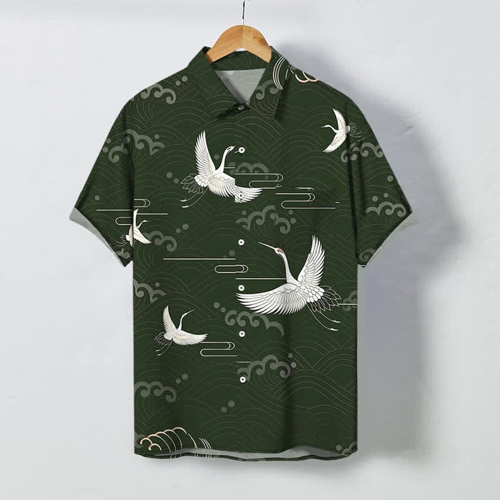 Buddha Stones Camicia da uomo a maniche corte traspirante con bottoni e motivo a onde e nuvole, con stampa gru. - Verde scuro - US/UK/AU48, EU58 (4XL) - image 5