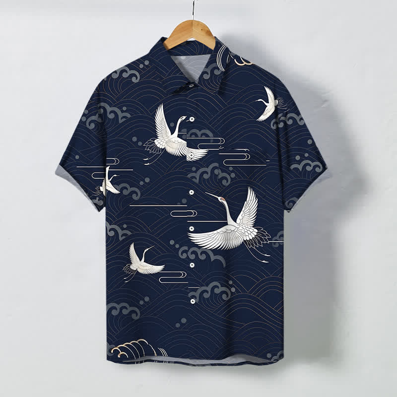 Buddha Stones Camicia da uomo a maniche corte traspirante con bottoni e motivo a onde e nuvole, con stampa gru. - Marina - US/UK/AU48, EU58 (4XL) - image 10