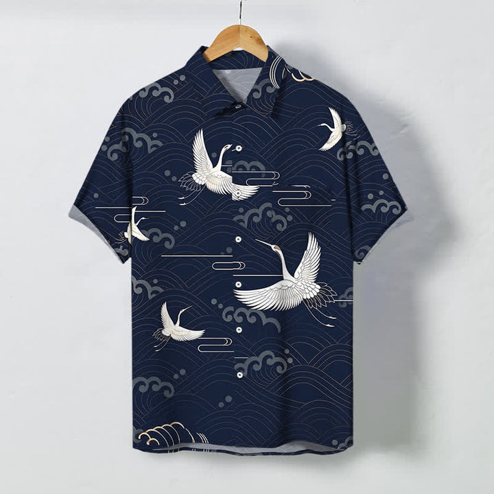 Buddha Stones Camicia da uomo a maniche corte traspirante con bottoni e motivo a onde e nuvole, con stampa gru. - Marina - US/UK/AU48, EU58 (4XL) - image 10