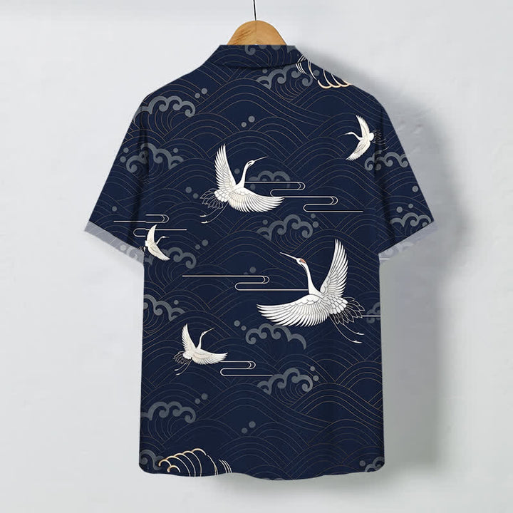 Buddha Stones Camicia da uomo a maniche corte traspirante con bottoni e motivo a onde e nuvole, con stampa gru. - image 11