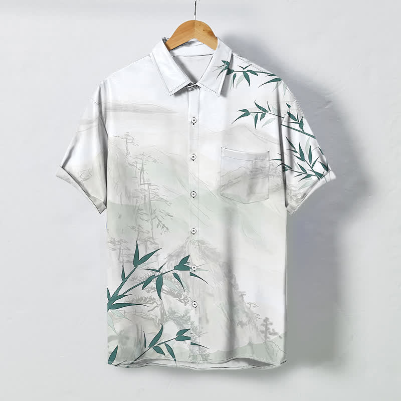 Buddha Stones Camicia da uomo a maniche corte traspirante con motivo a bambù e paesaggio a inchiostro, bottoni. - Bianco - US/UK/AU48, EU58 (4XL) - image 0