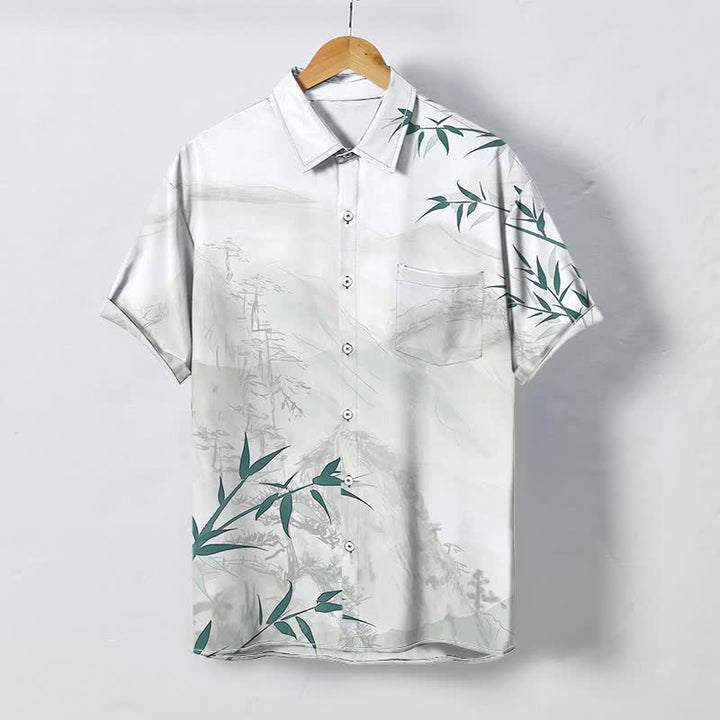 Buddha Stones Camicia da uomo a maniche corte traspirante con motivo a bambù e paesaggio a inchiostro, bottoni. - Bianco - US/UK/AU48, EU58 (4XL) - image 0