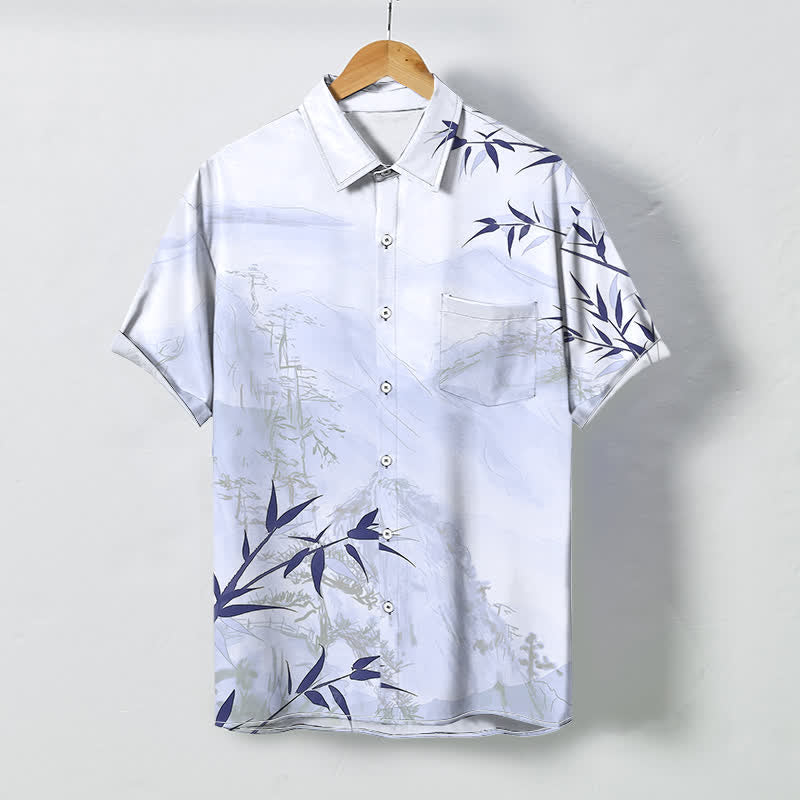 Buddha Stones Camicia da uomo a maniche corte traspirante con motivo a bambù e paesaggio a inchiostro, bottoni. - Lavanda - US/UK/AU48, EU58 (4XL) - image 3