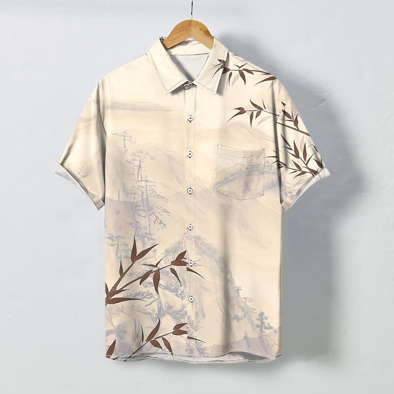 Buddha Stones Camicia da uomo a maniche corte traspirante con motivo a bambù e paesaggio a inchiostro, bottoni. - Biancheria - US/UK/AU48, EU58 (4XL) - image 6