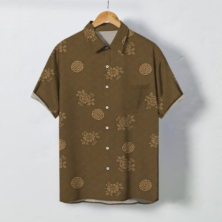 Buddha Stones Camicia da uomo a maniche corte traspirante con bottoni e motivo a medaglione floreale geometrico. - Siena - US/UK/AU48, EU58 (4XL) - image 0