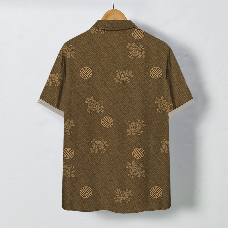 Buddha Stones Camicia da uomo a maniche corte traspirante con bottoni e motivo a medaglione floreale geometrico. - image 1