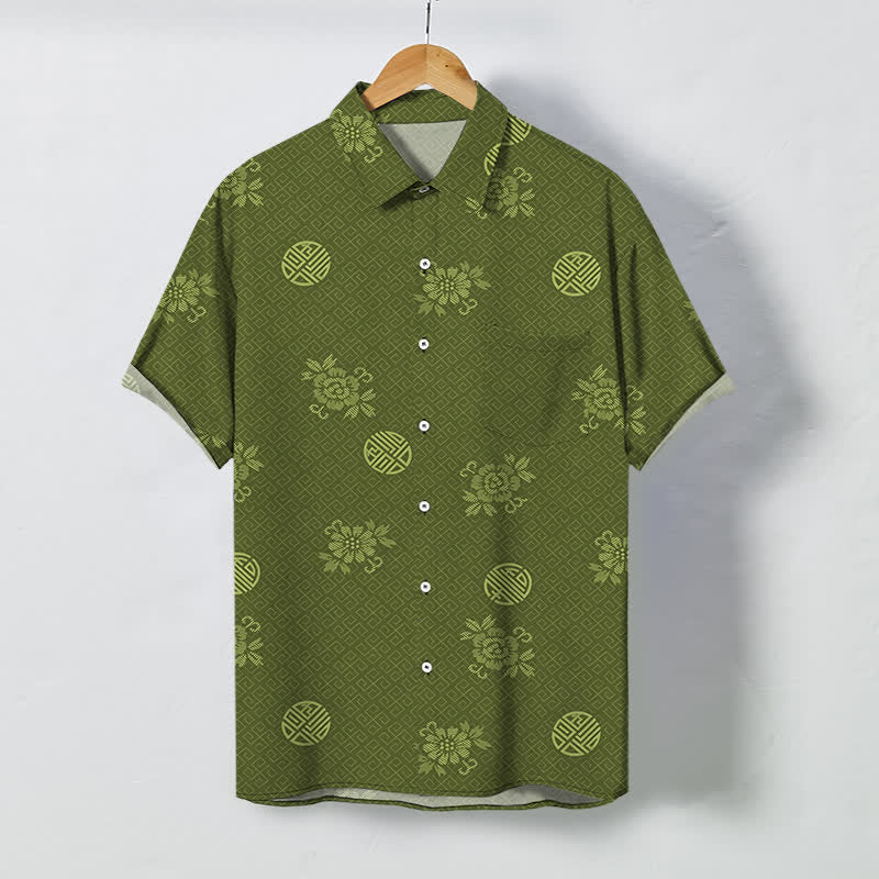 Buddha Stones Camicia da uomo a maniche corte traspirante con bottoni e motivo a medaglione floreale geometrico. - Verde oliva - US/UK/AU48, EU58 (4XL) - image 5