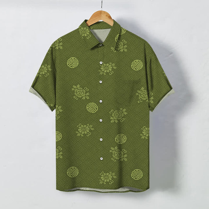 Buddha Stones Camicia da uomo a maniche corte traspirante con bottoni e motivo a medaglione floreale geometrico. - Verde oliva - US/UK/AU48, EU58 (4XL) - image 5