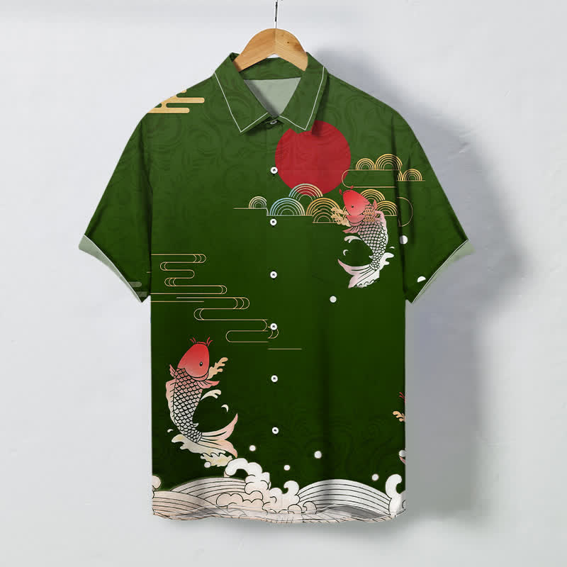 Buddha Stones Camicia da uomo a maniche corte traspirante con motivo a onde e sole rosso e carpe koi rosse. - Verde studentesco - US/UK/AU48, EU58 (4XL) - image 6